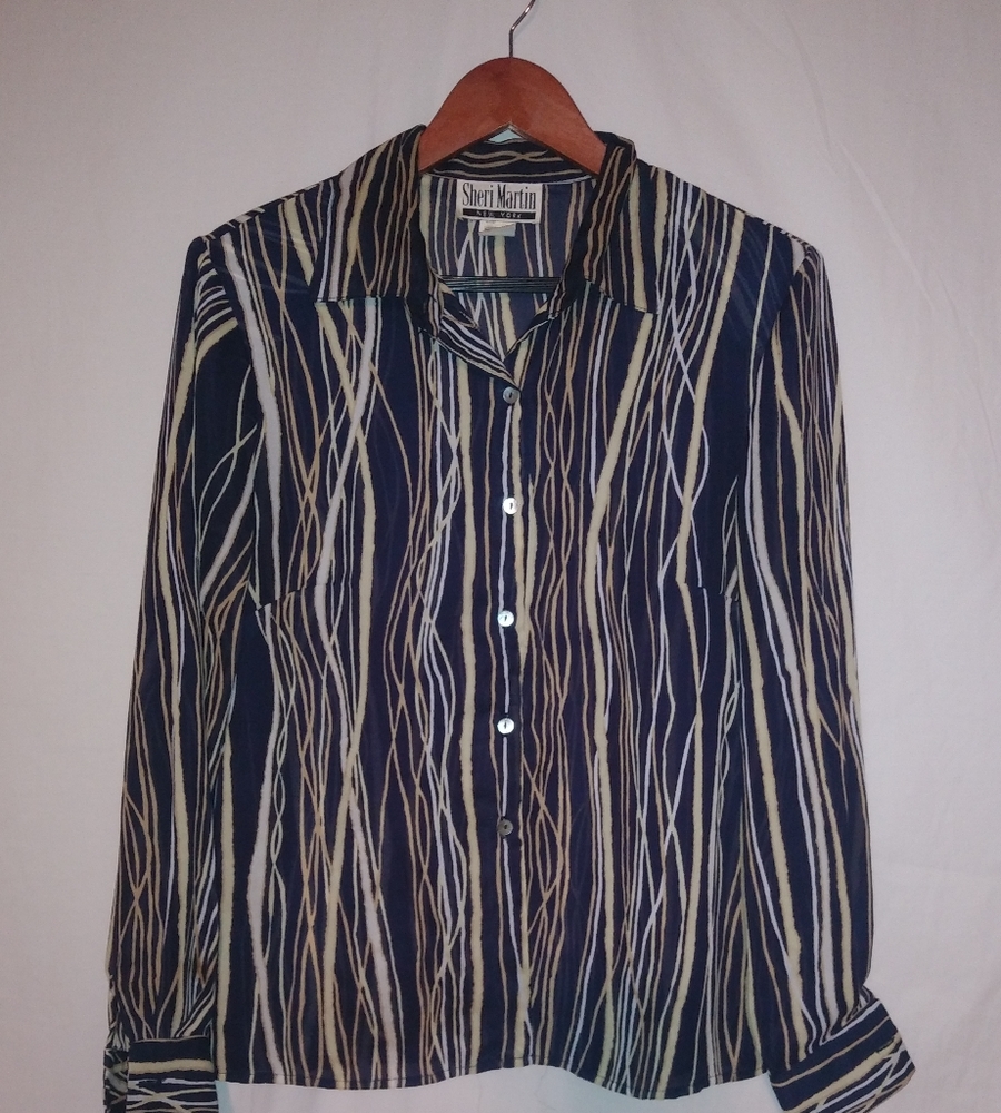 SHERI MARTIN 8 Designer Long Sleeved Black Gold Twigs Button Down Top